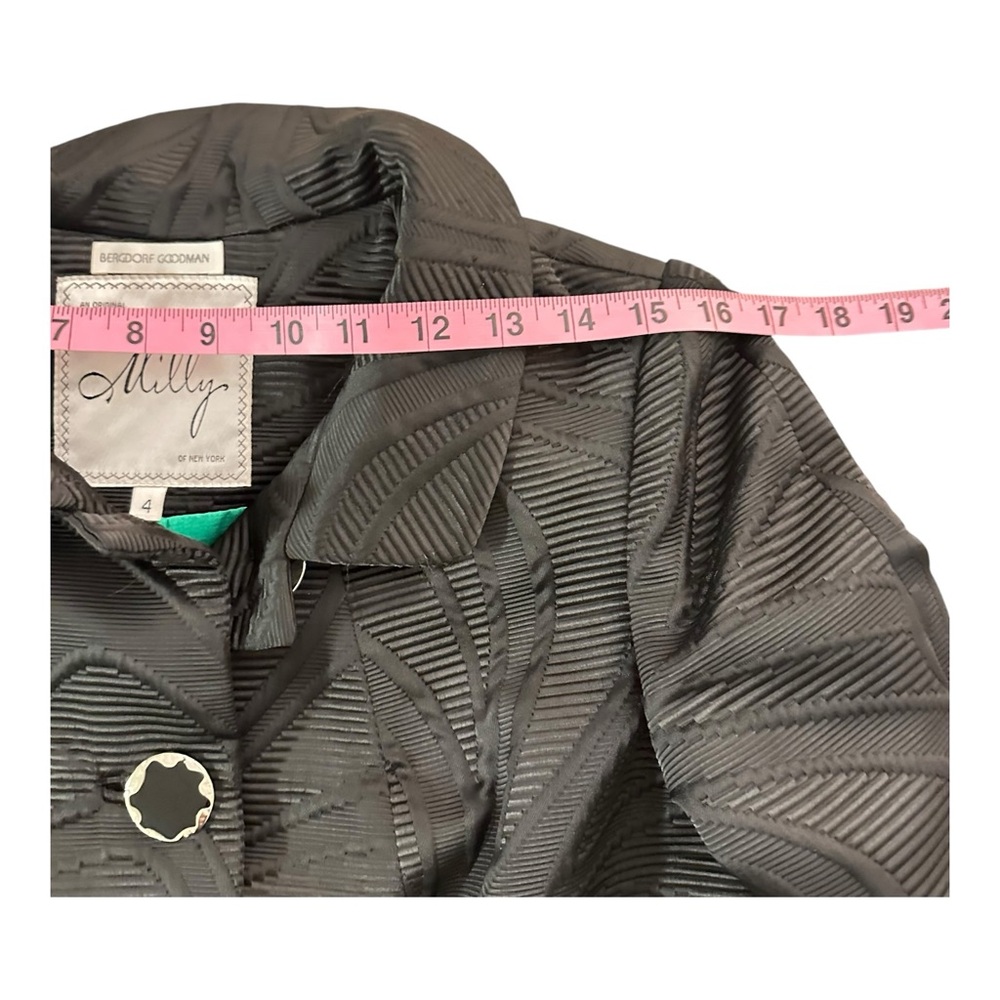 Milly Vintage Textured Black Jacquard Coat Green Lining 3/4 Sleeve Luxury Size 4 - Picture 10 of 15